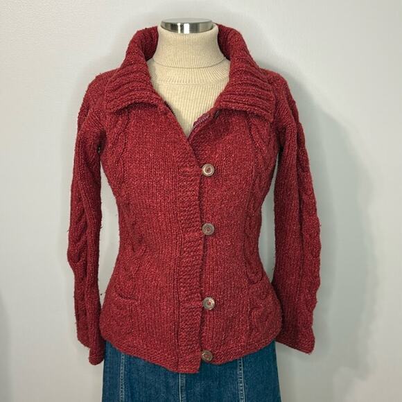 ECC Red Collared Chunky Cardigan Wool/Cotton Sweater Size M - Picture 1 of 4